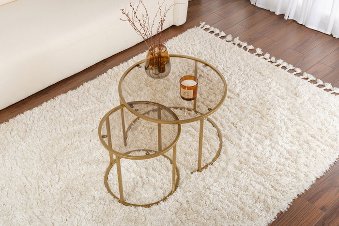 Nordure Juego de Mesas de Café 60x43x60cm y 42x39x42cm, Vidrio Templado y Metal, Oro y Bronce